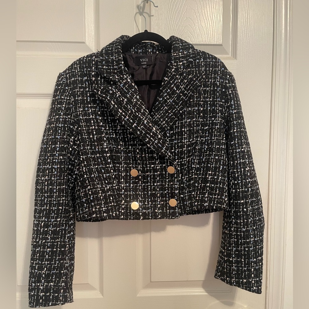 Vici Tweed Cropped Blazer Black/blue/white size large